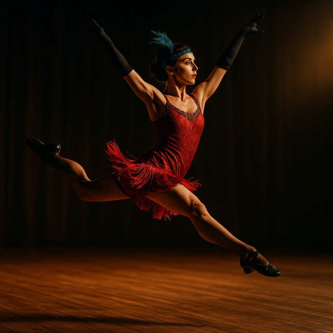 Dynamic dancer leaping under stage spotlight