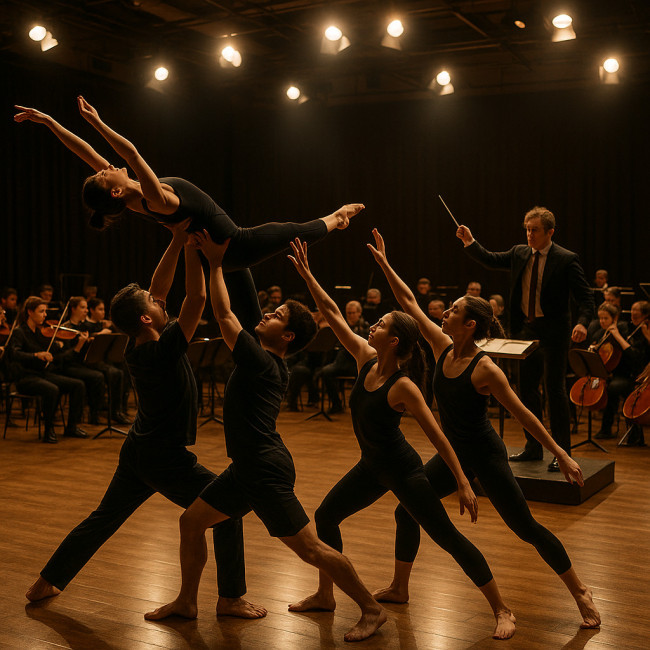 Dancers rehearsing choreography with live orchestra