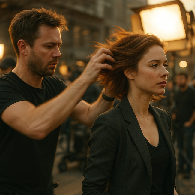Stylist changing hair fast on film set