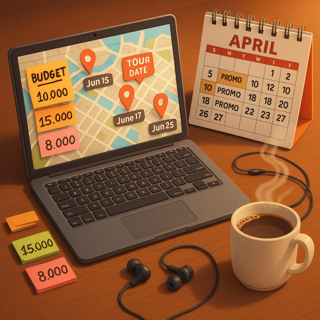Tour planning sprint with map, budget sheets and calendar