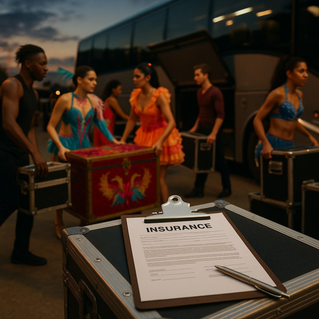 Touring dancers loading costumes and props into a tour bus
