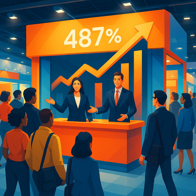 Trade-show booth with event models and ROI graph