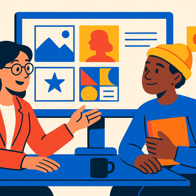 Illustration of recruiter and junior designer reviewing a portfolio