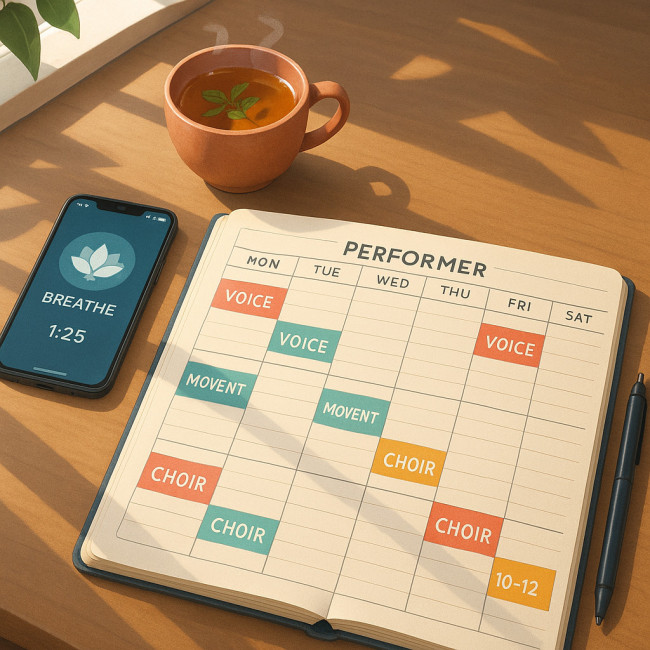 Desk flat-lay showing performer's voice training schedule