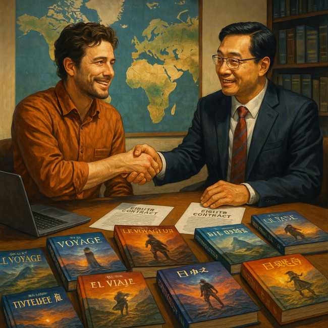 Freelance author negotiates translation rights with foreign publisher