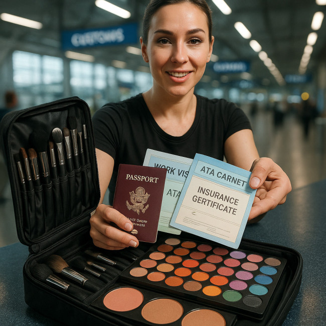Makeup artist showing travel documents at customs