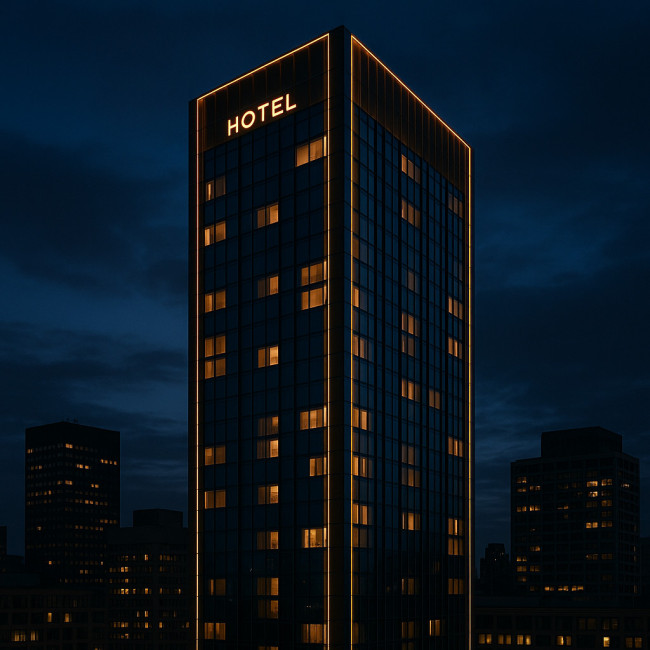 Corrected twilight skyline with warm gold tones and straight verticals