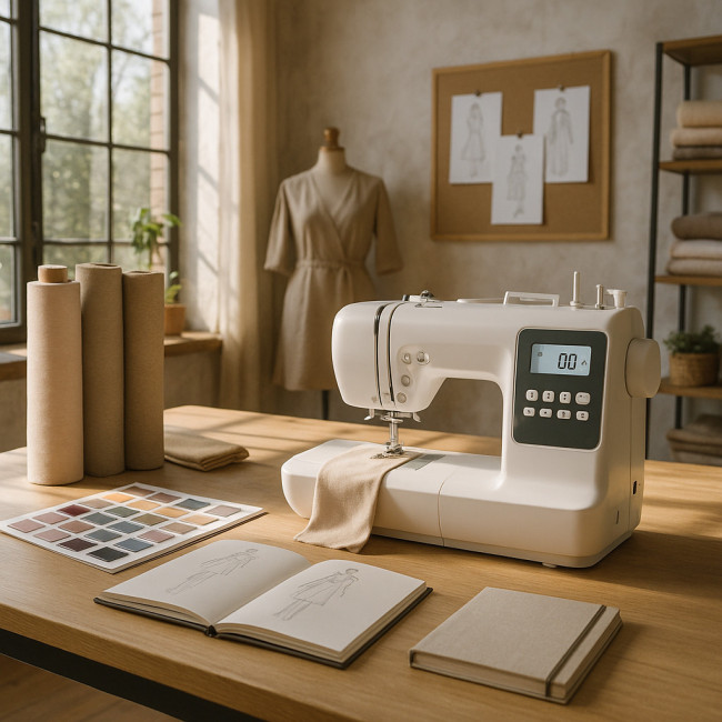 Modern compact sewing machine in a small fashion studio workspace