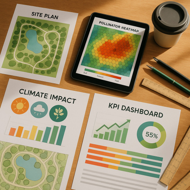 Desk scene with biodiversity metric infographics