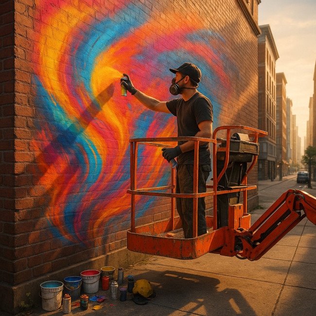 Artist on boom lift painting urban mural
