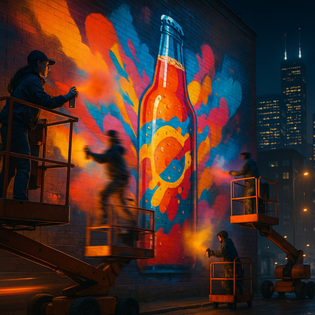 Artists painting a vibrant mural at night