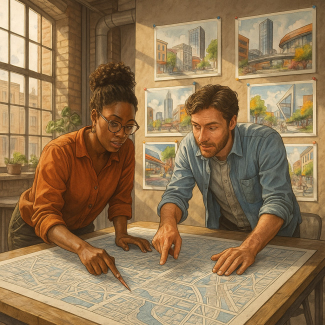 Artist and urban planner reviewing blueprints