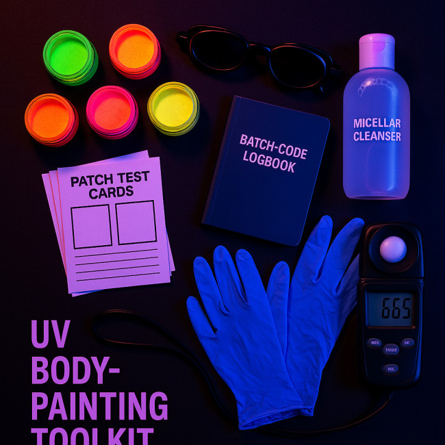 Flat lay of UV body painting safety toolkit