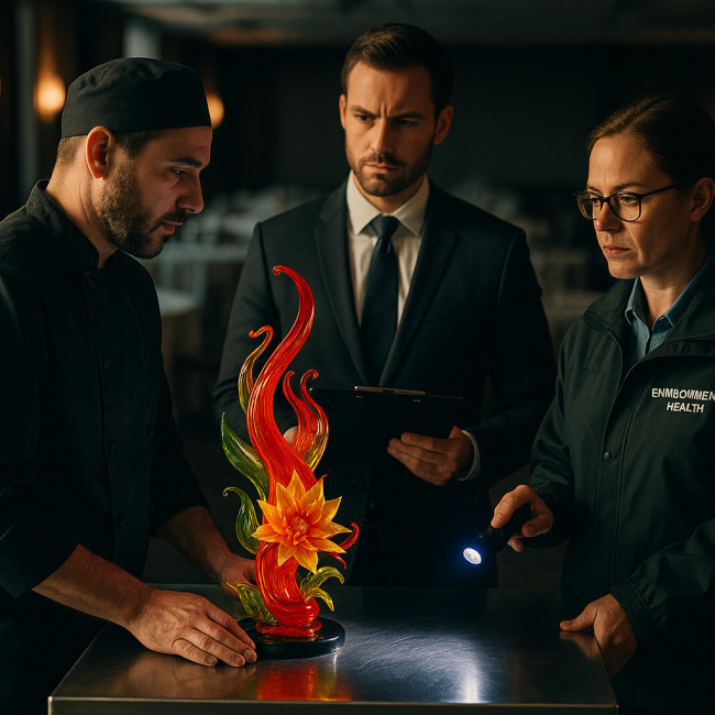 venue manager inspects edible art with clipboard