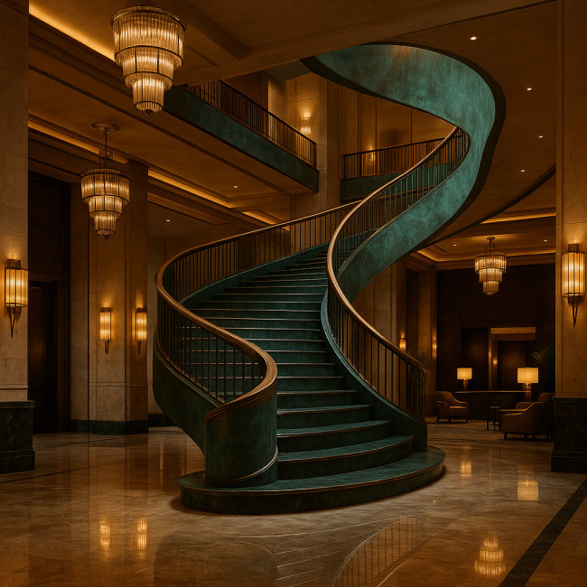 Verdigris bronze staircase in hotel lobby