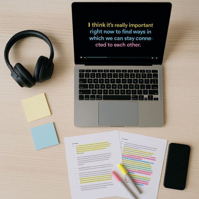 workspace showing video with captions and printed transcripts