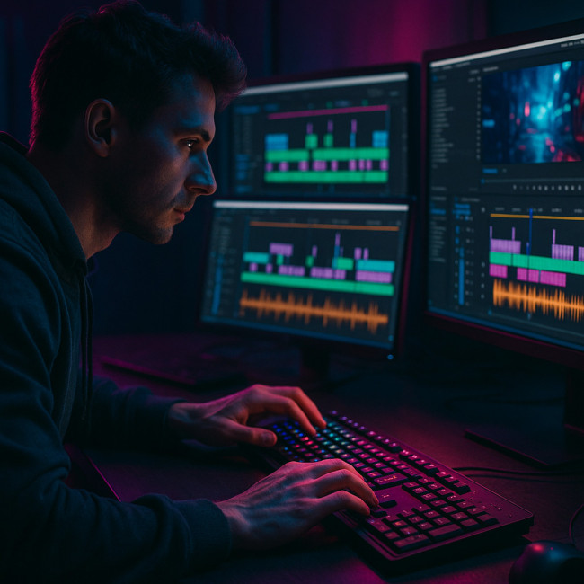 video editor practicing reflex drills at a multi-monitor workstation