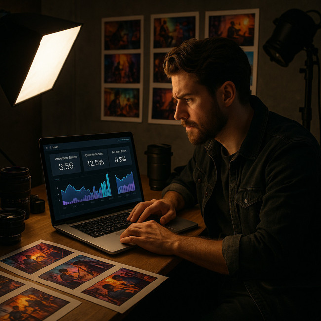 Videographer reviewing engagement metrics
