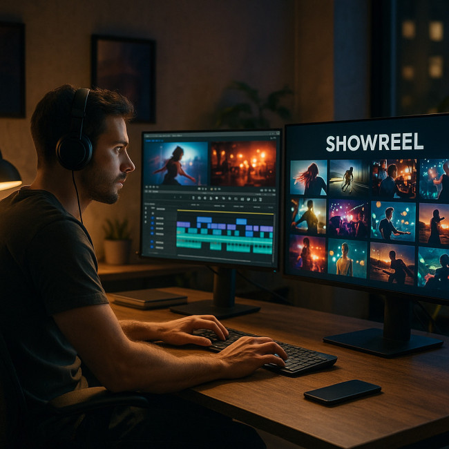 Videographer crafting showreel portfolio