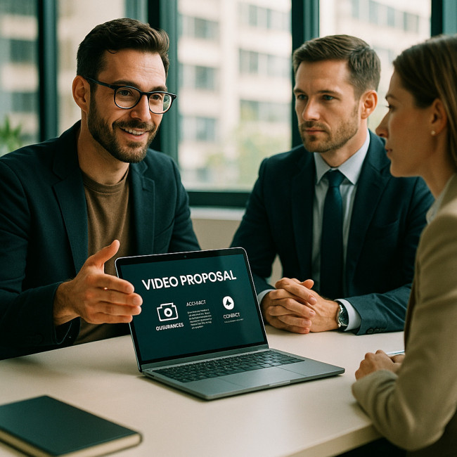 Videographer showing proposal to corporate clients