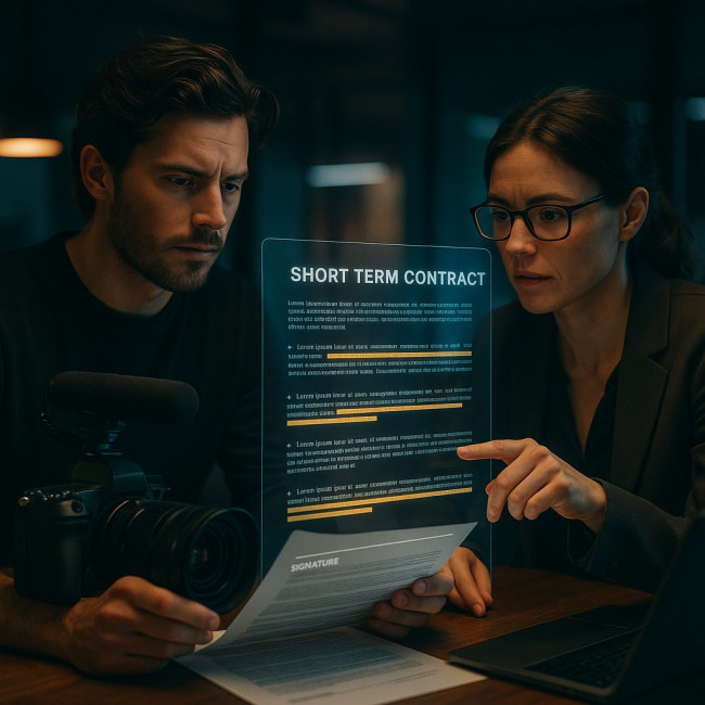 Freelancer and agency producer reviewing contract clauses