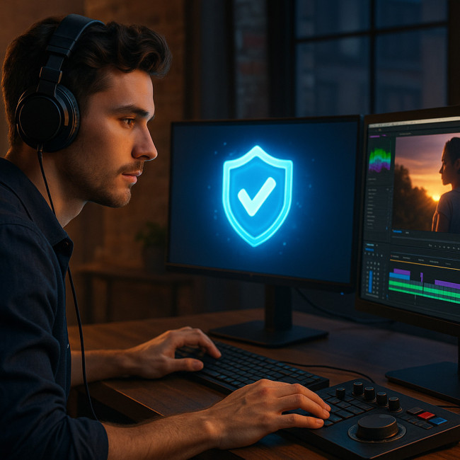 Videographer in modern studio with glowing certification badge