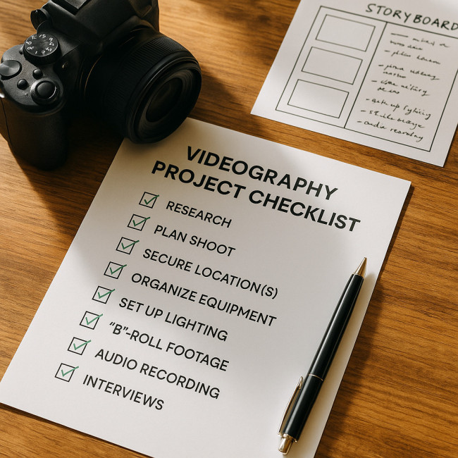 Contract checklist next to camera and storyboard