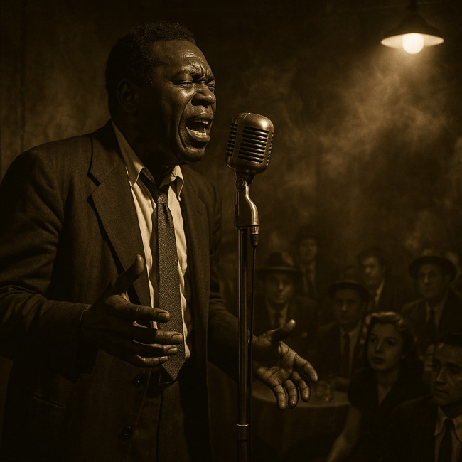 Vintage blues singer performing on stage