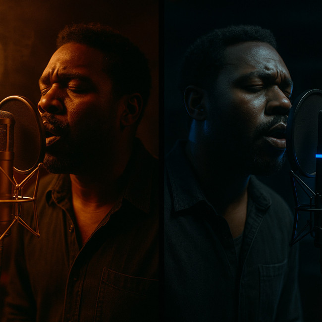 Blues singer with vintage U47 and modern condenser microphones