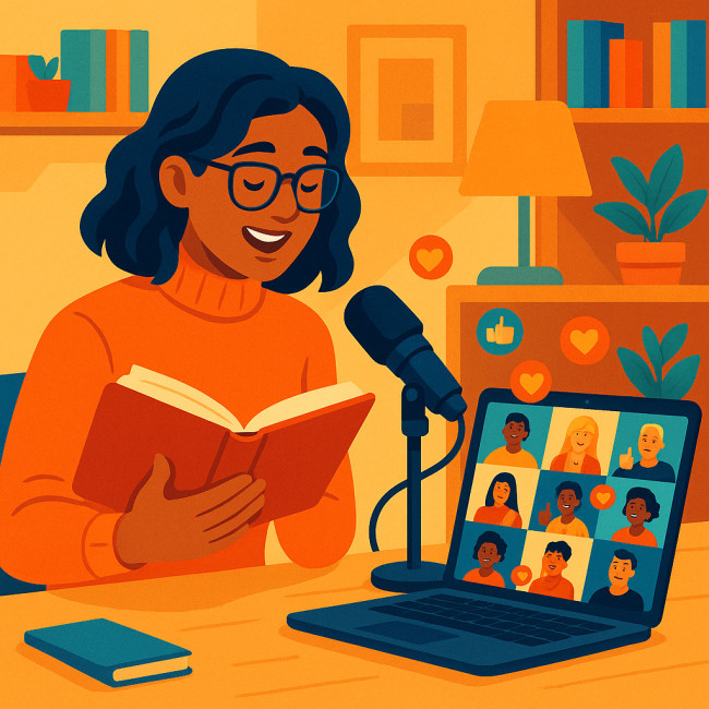 Illustration of an author livestreaming a reading to a global online audience