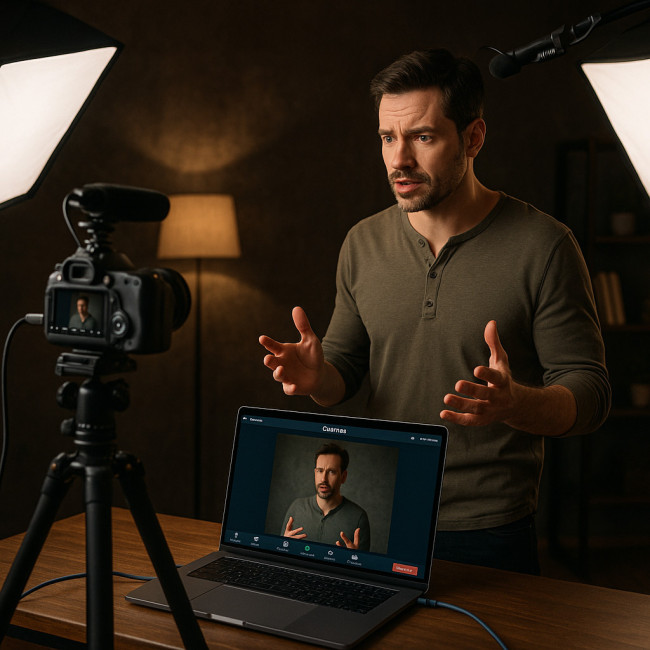 actor prepares tech setup for virtual casting