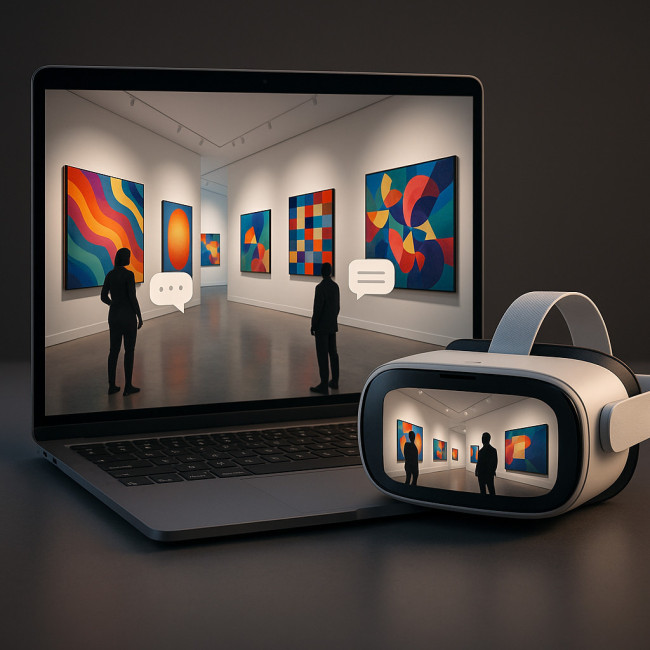 virtual art gallery interface on laptop and VR