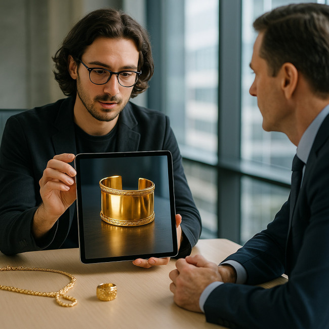 Client views AR gold bracelet on tablet in boardroom