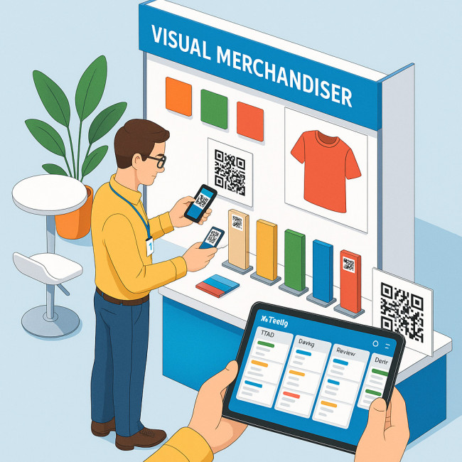 visual merchandiser captures booth details with smartphone and tablet