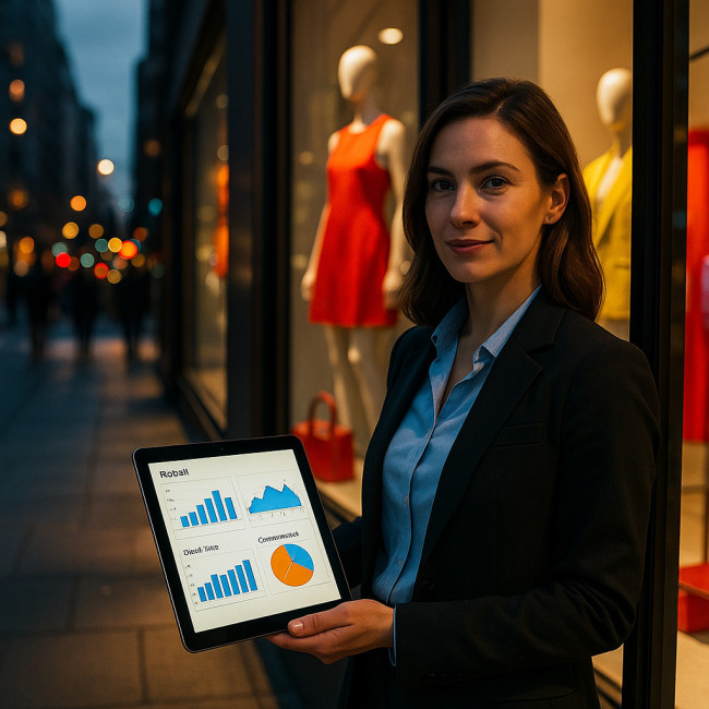 Visual merchandiser showing portfolio with KPI charts