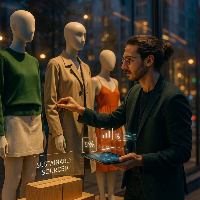 visual merchandiser arranging an eco-friendly store window with AR overlay