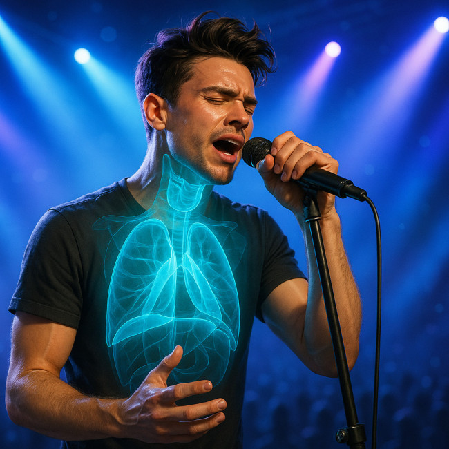 Pop singer on stage with larynx overlay illustrating vocal health