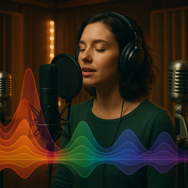 Singer recording voice in home studio