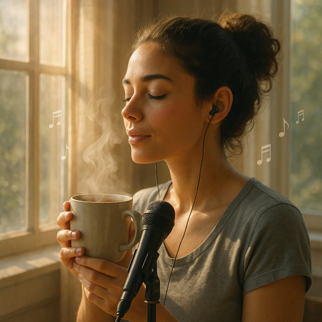 Singer inhaling steam to support vocal stamina