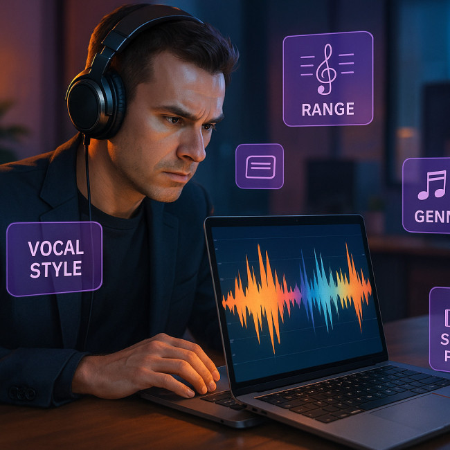 Music recruiter evaluating online singer demos on a laptop