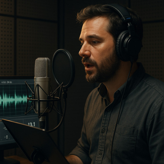 Voice actor recording a demo in a professional studio