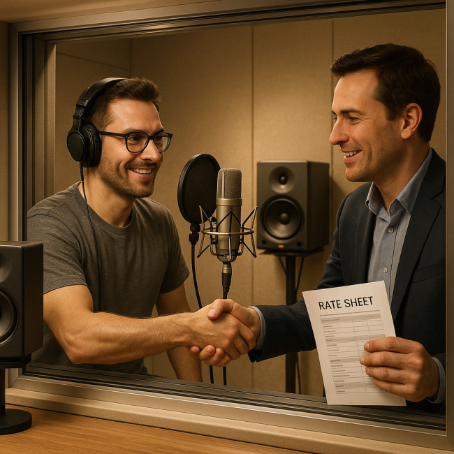 Voice actor and producer negotiating rates in recording booth