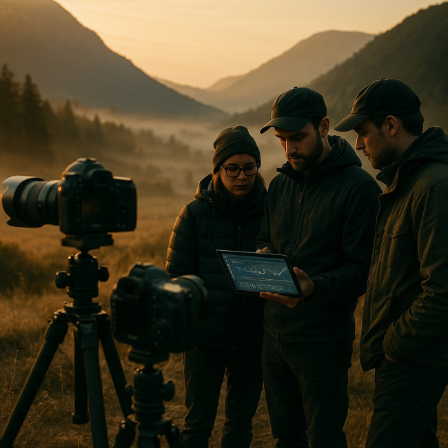 Landscape crew reviews weather data at sunrise