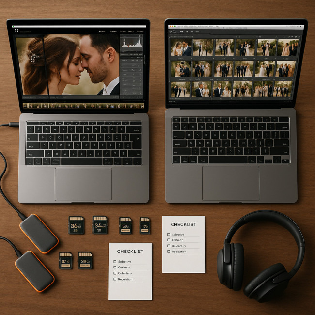 Flat lay of tech tools used by wedding photography team