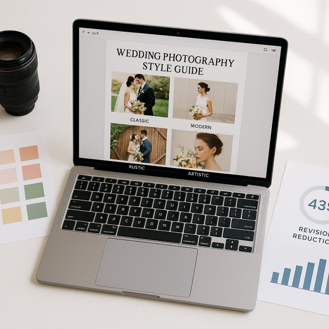 Flat lay of wedding planner desk with style guide and performance chart