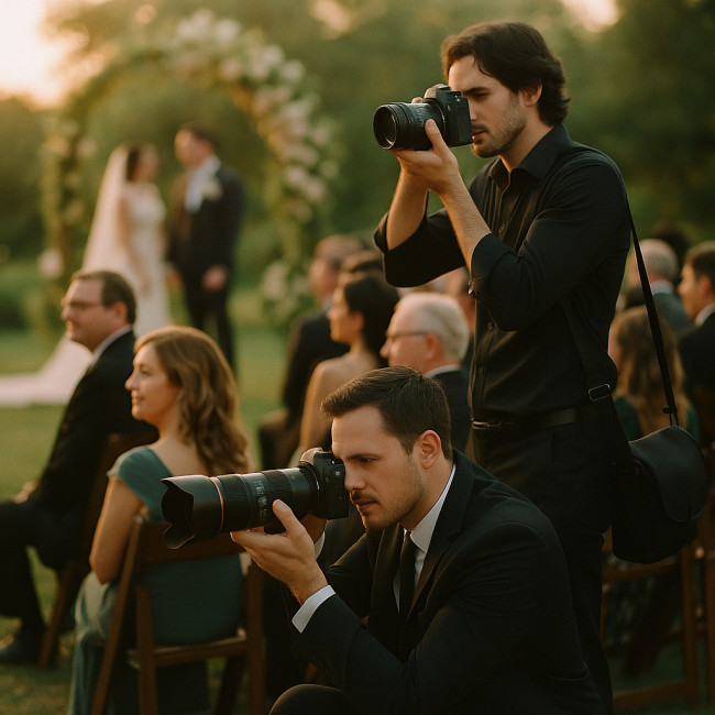 Two wedding photographers capturing different angles during a ceremony