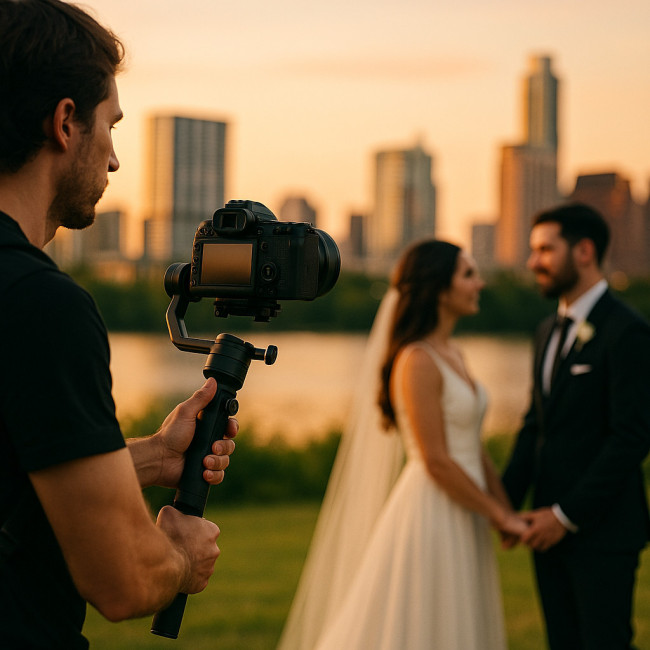 Videographer filming wedding couple in Austin at sunset