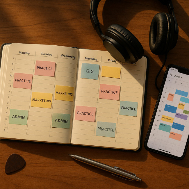 Weekly time-blocking planner for a gigging musician