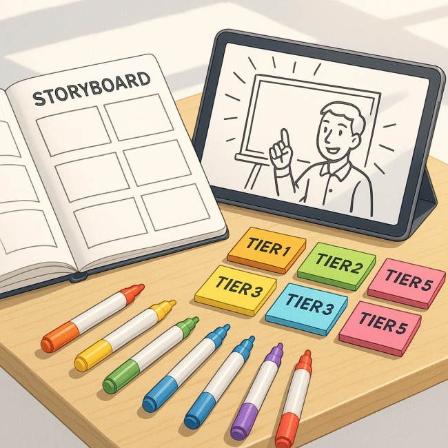 Illustration of a desk showing usage tiers for whiteboard animation