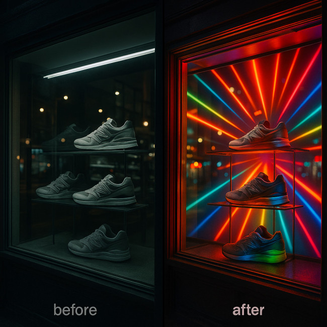 before and after sneaker store LED window display